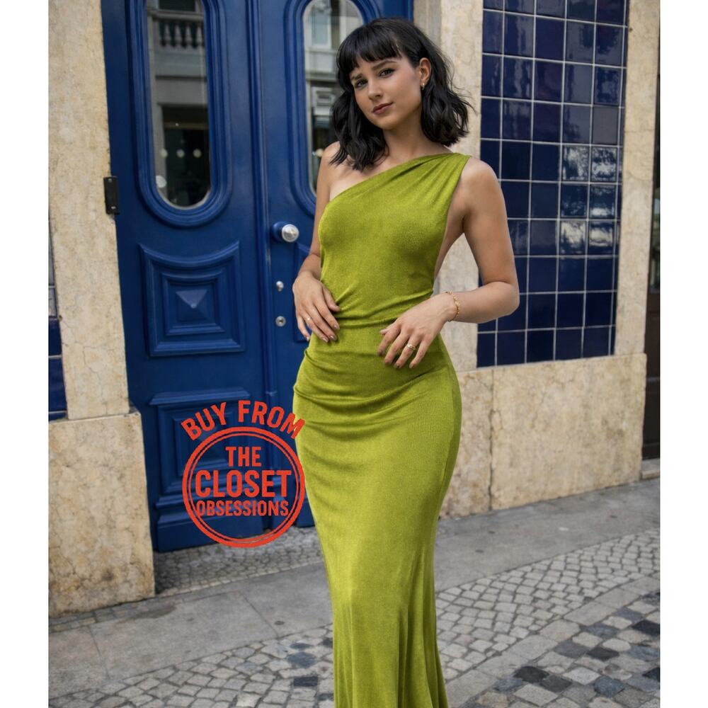 MANGO Green Asymmetrical Midi Dress NWT One Shoulder Wedding Guest Resort Dress - Picture 5 of 16